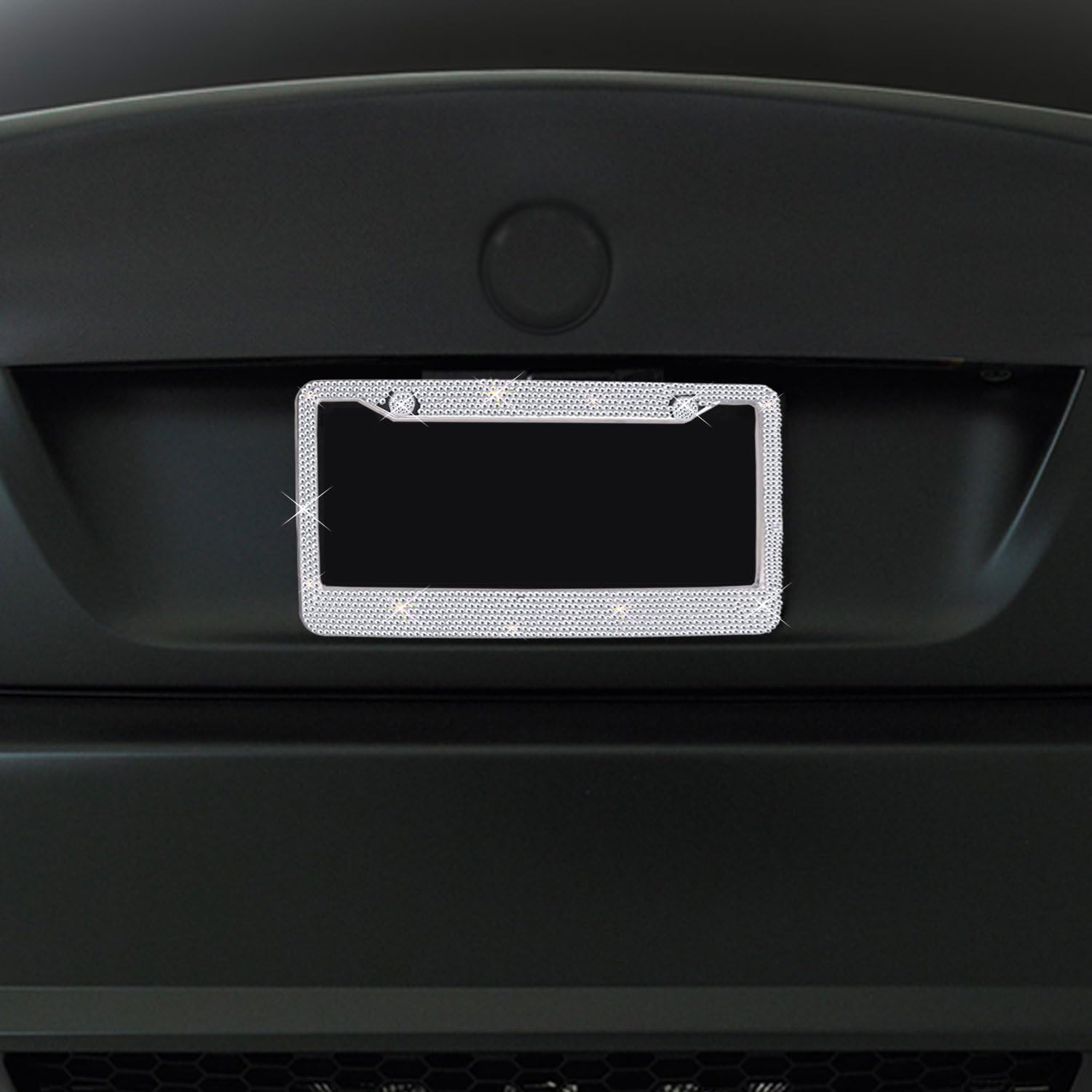 Bling Bling License Plate Frames 2 Pack - Pure Handmade Waterproof Glitter Rhinestones Crystal White License Plate Frame for Cars with 2 Holes Bonus Matching Screws Caps Set image number 1