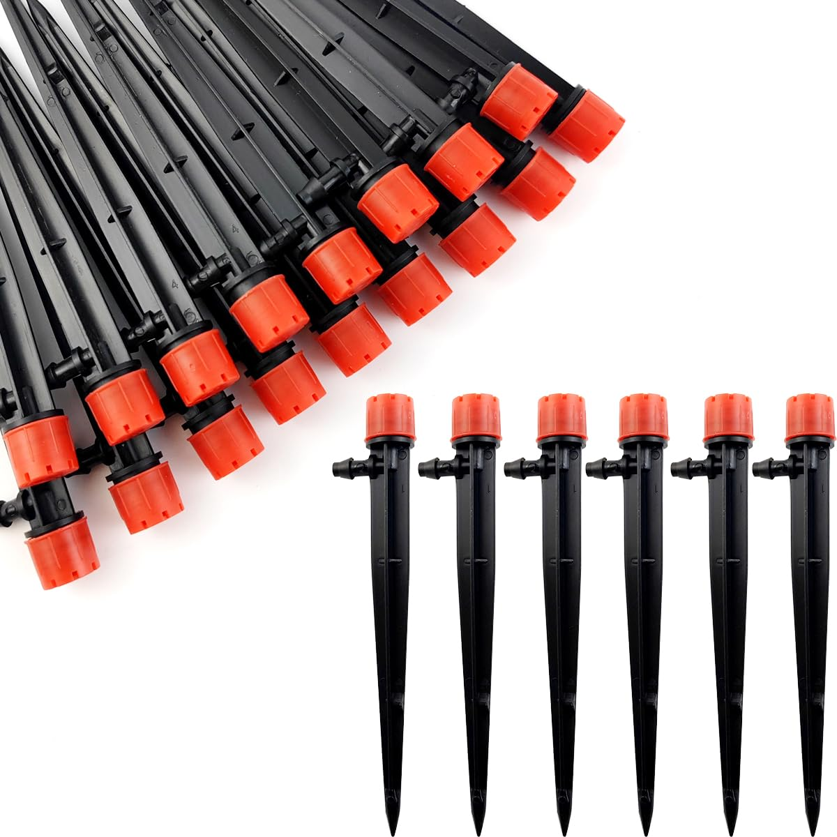 GXXMEI 50PCS Drip Emitters for 1/4" Drip Irrigation Tubing, Adjustable 360 Degree Irrigation Drippers on 5" Arrow Stake, Garden Water Flow Spray Heads Parts for (4-7Mm) Watering System image number 2