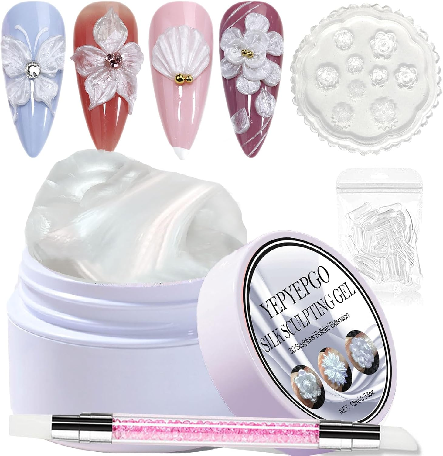 YEPYEPGO Solid Builder Sculpture Gel for Nails - Non-Sticky Hand 3D Sculpting Gel with Nail Forms, Nail Extension Nail Art Home Manicure DIY for Women, Clear 15G