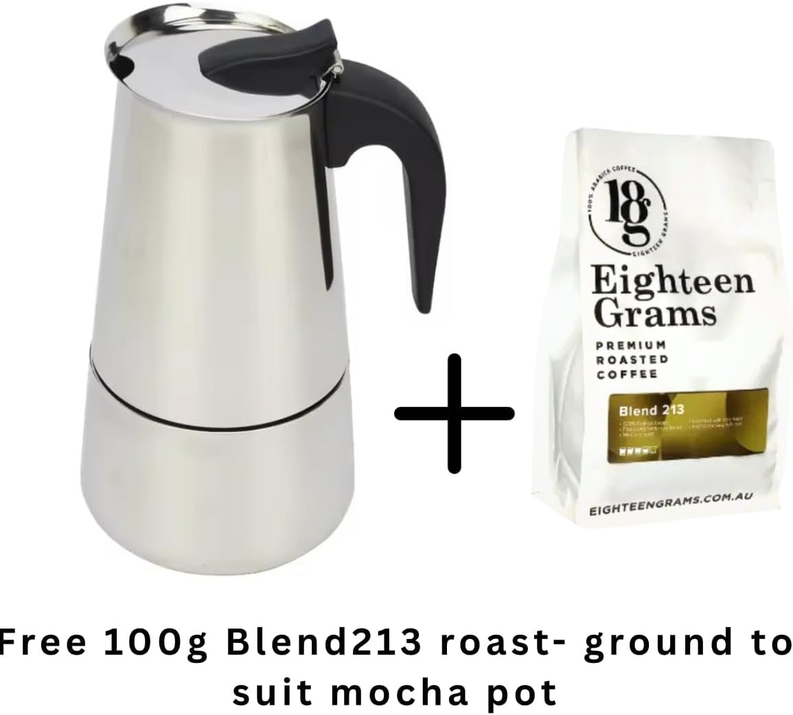 18 Grams Stainless Steel Moka Pot 4-Cup 200Ml Stovetop Espresso Maker &ndash; Induction Compatible Coffee Brewer with Ergonomic Handle-Free 100G Blend213 Coffee image number 1