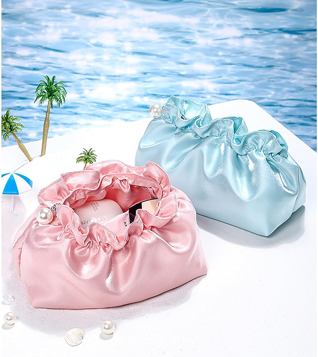 Zaciea Wrinkled Cosmetic Makeup Pouch Bag, Travel Toiletry Bag for Women (Pink) - White image number 2