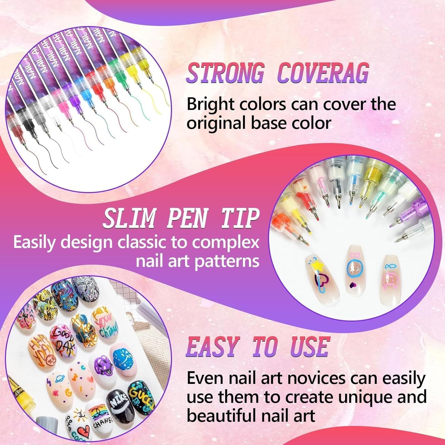 Vibbang 12 Colors Nail Art Pens, 3D Nail Polish Pens, 0.5MM Nail Art Marker Set Graffiti Dotting Pen, Nail Art Tools for Polishing Dotting Liner Painting, Nails DIY Design Home & Salon Use