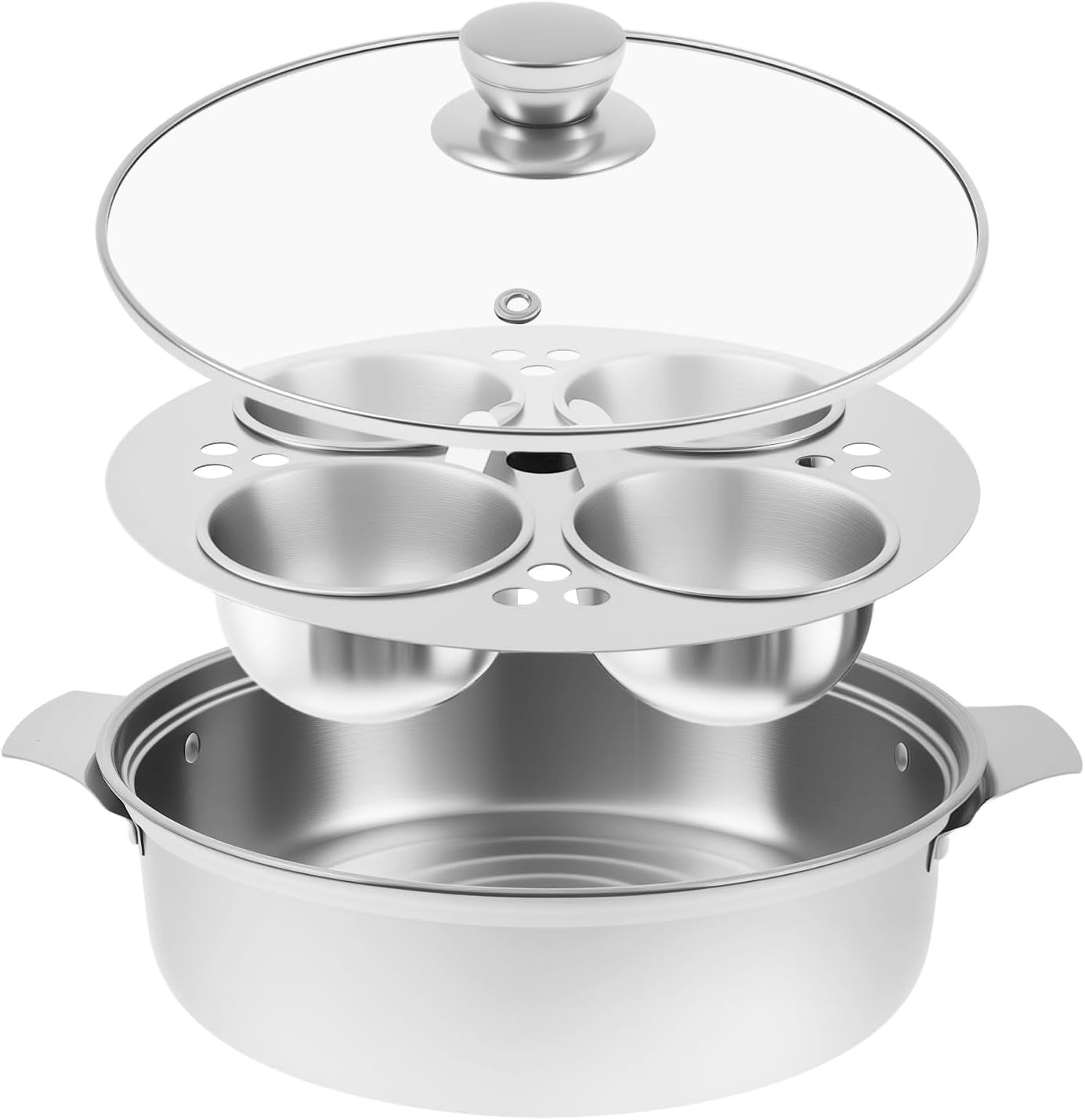 MFAUCAZB Stainless Steel Egg Poacher, 4-Cup Poached Egg Pan with Glass Lid, Induction Cooker Compatible, Easy to Store and Clean