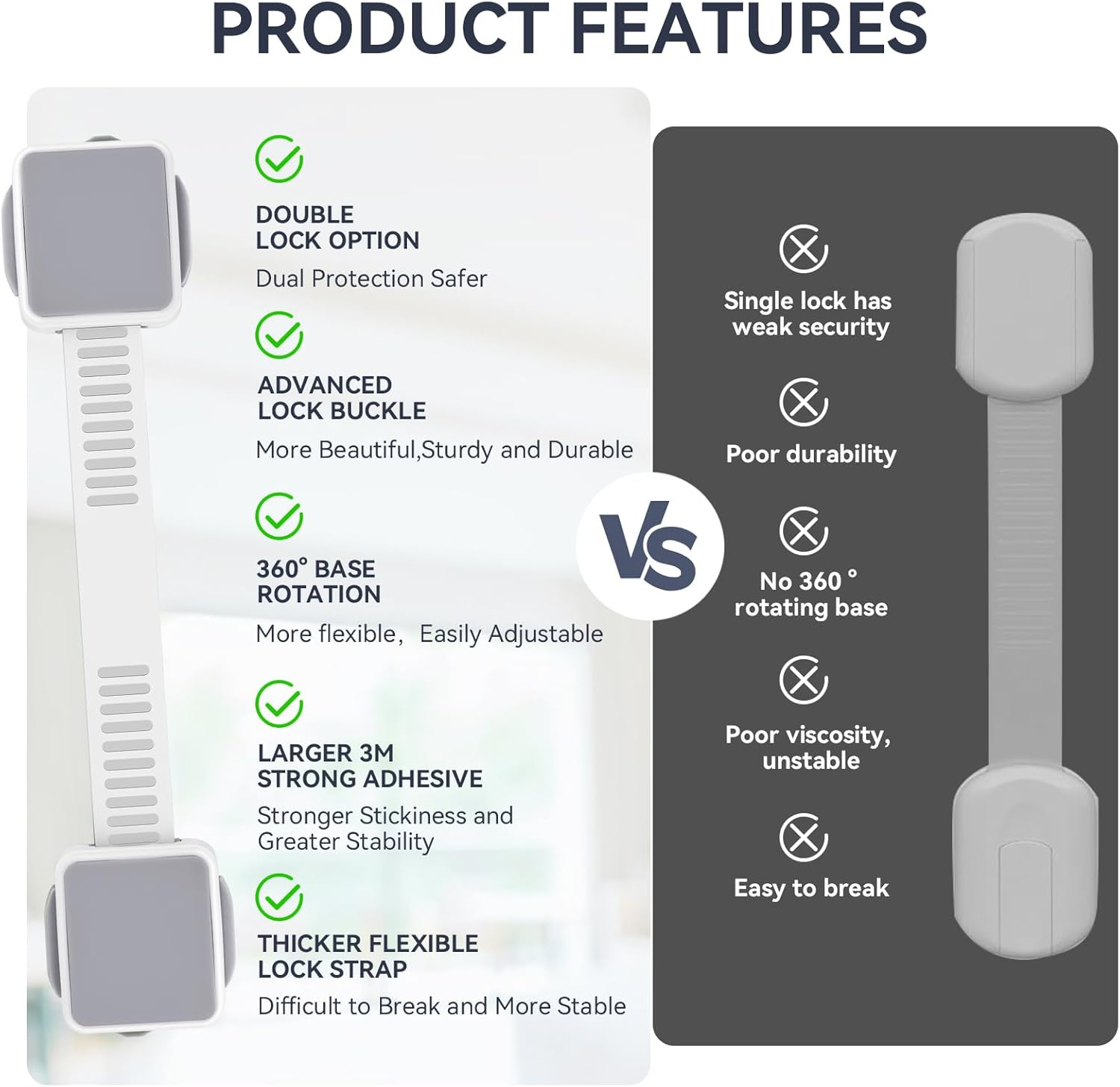 2 Pack Child Safety Cabinet Locks for Baby Proofing, Length Adjustable Latch Straps Dual Button Design for Drawers Fridge Refrigerator Doors Toilet Seat Oven image number 6