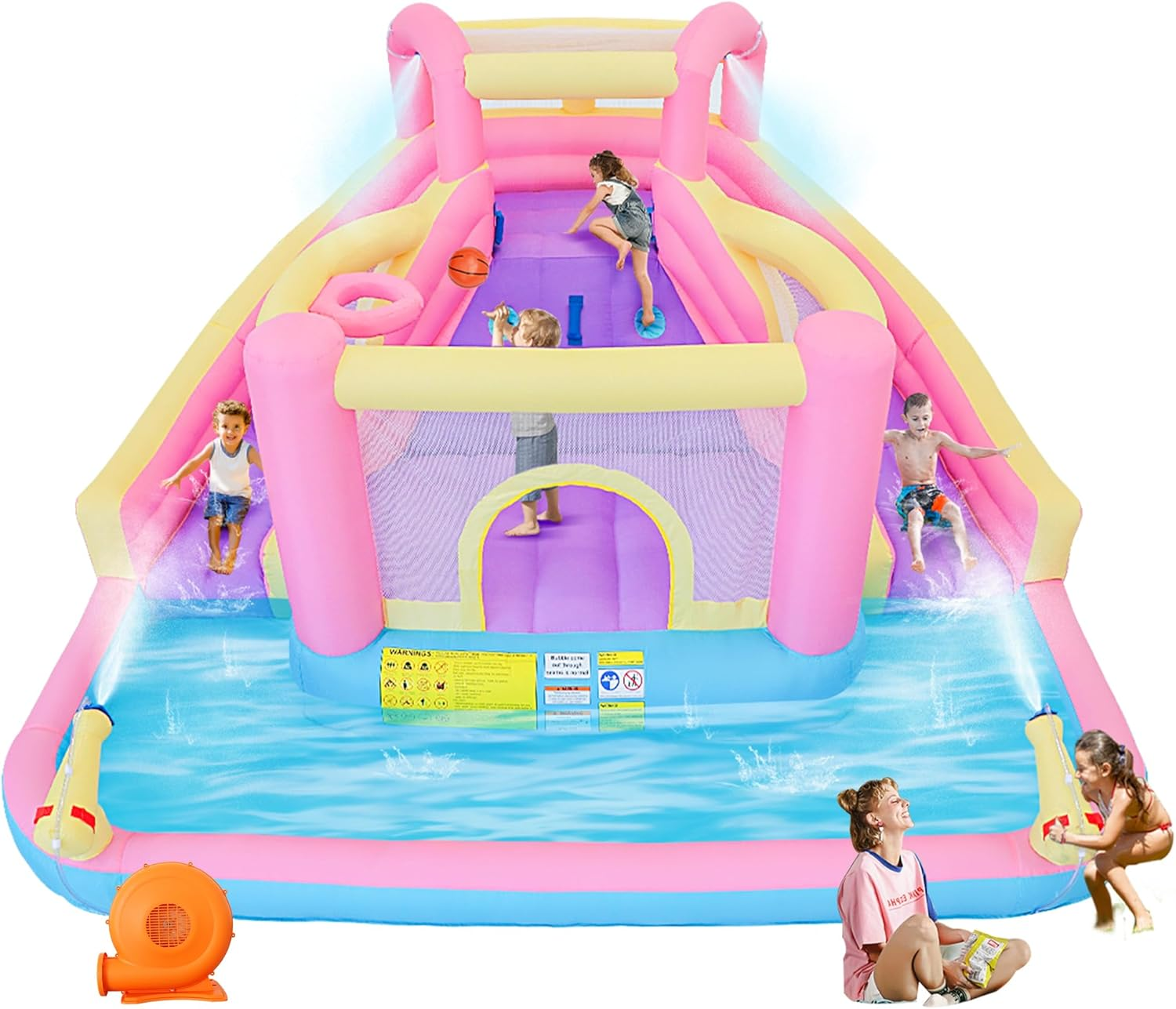 Inflatable Water Park with 2 Blow up Water Slides, 370 X 314 X 185 Cm Kids Water Park with Basketball Rim, Climbing Wall, Splash Pool, 2 Water Cannons and Blower
