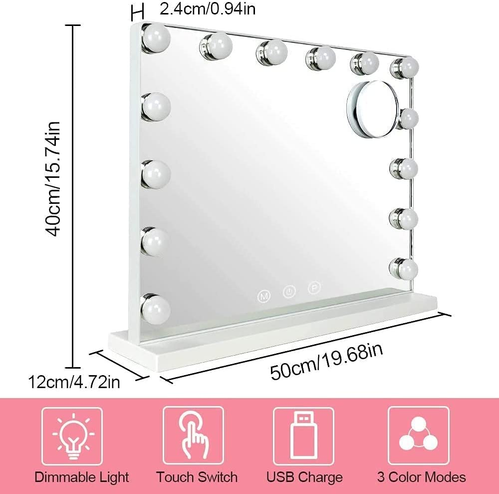 Depuley Hollywood Makeup Mirror, USB Touch Control Vanity Cosmetic Mirror with Lights, 14Pcs Led Dimmable Bulbs 3 Color Lighting Modes, with a Removable Magnetic 10X Magnifying Mirror (50*40Cm, White) image number 1