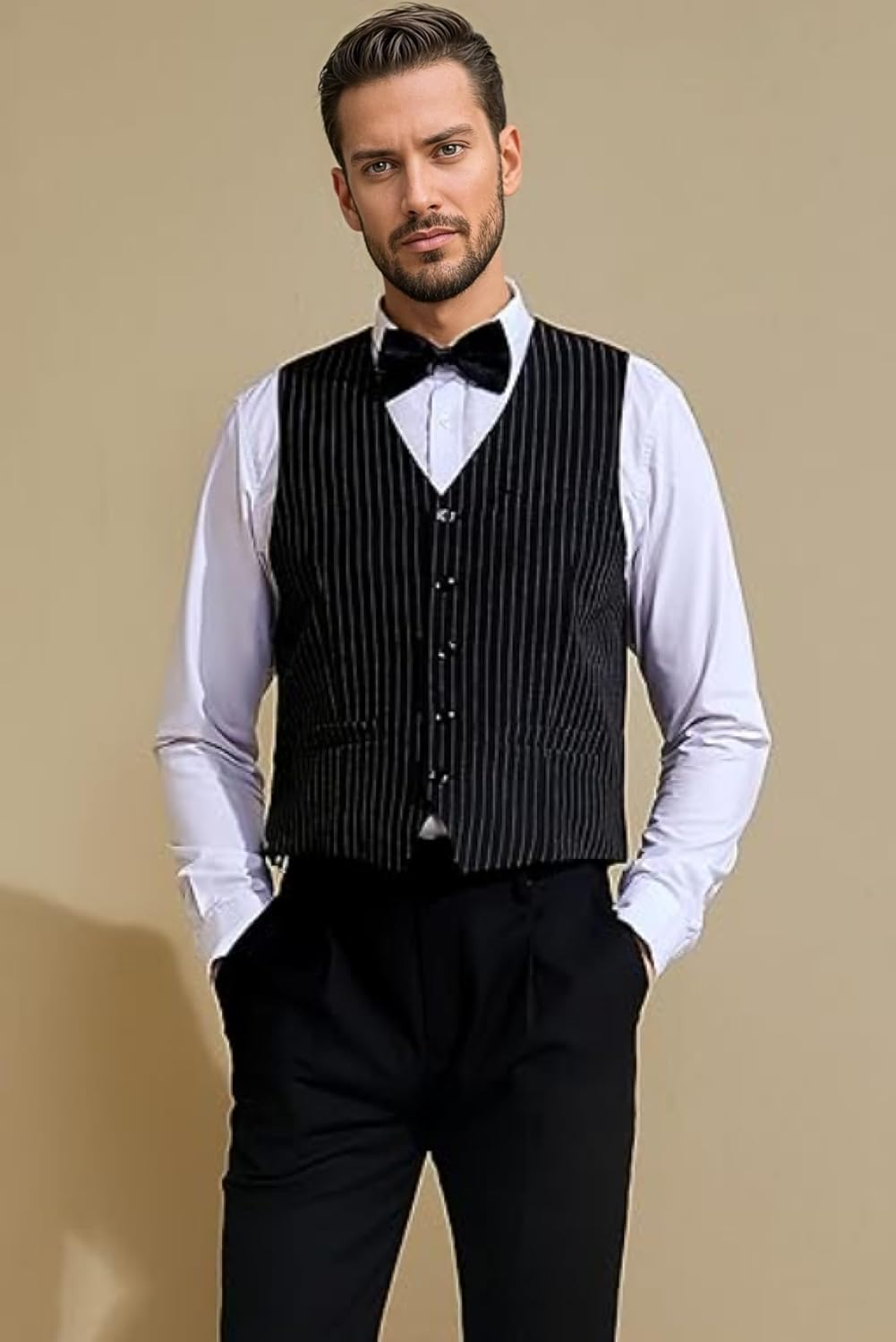 COSOUKE 1920S Gatsby Costume Men Accessories Set Funny Halloween Costumes with Vest Hat Necktie Bow Tie Suspenders image number 1