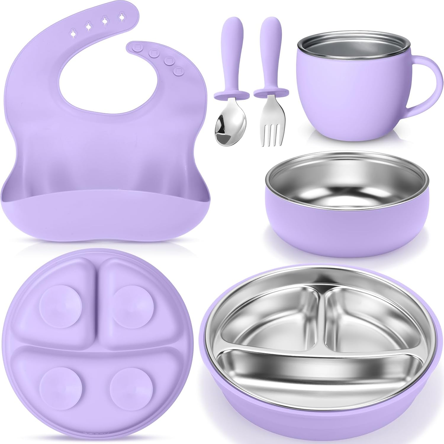 Nuogo 6 Pcs 304 Stainless Steel Kids Plates and Bowls Set Stainless Steel Suction Bowls and Toddler Cup with Removable Silicone, Forks Spoons Pocket Bib for Baby Toddle(Yellow,Round)