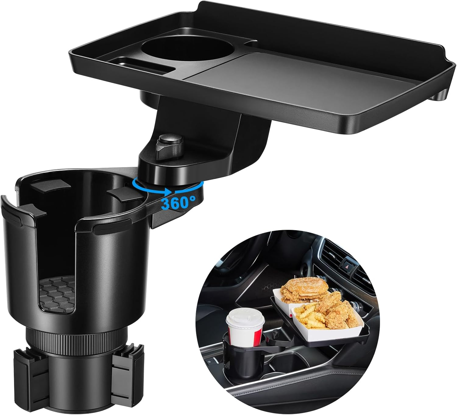 This Hill Cup Holder Tray for Car, 2 in 1 Detachable Car Food Table Tray with Solid Base & Phone Slot,Car Cup Holder Expander with 360&deg;Rotation Tray for Travel Road Essentials Accessories