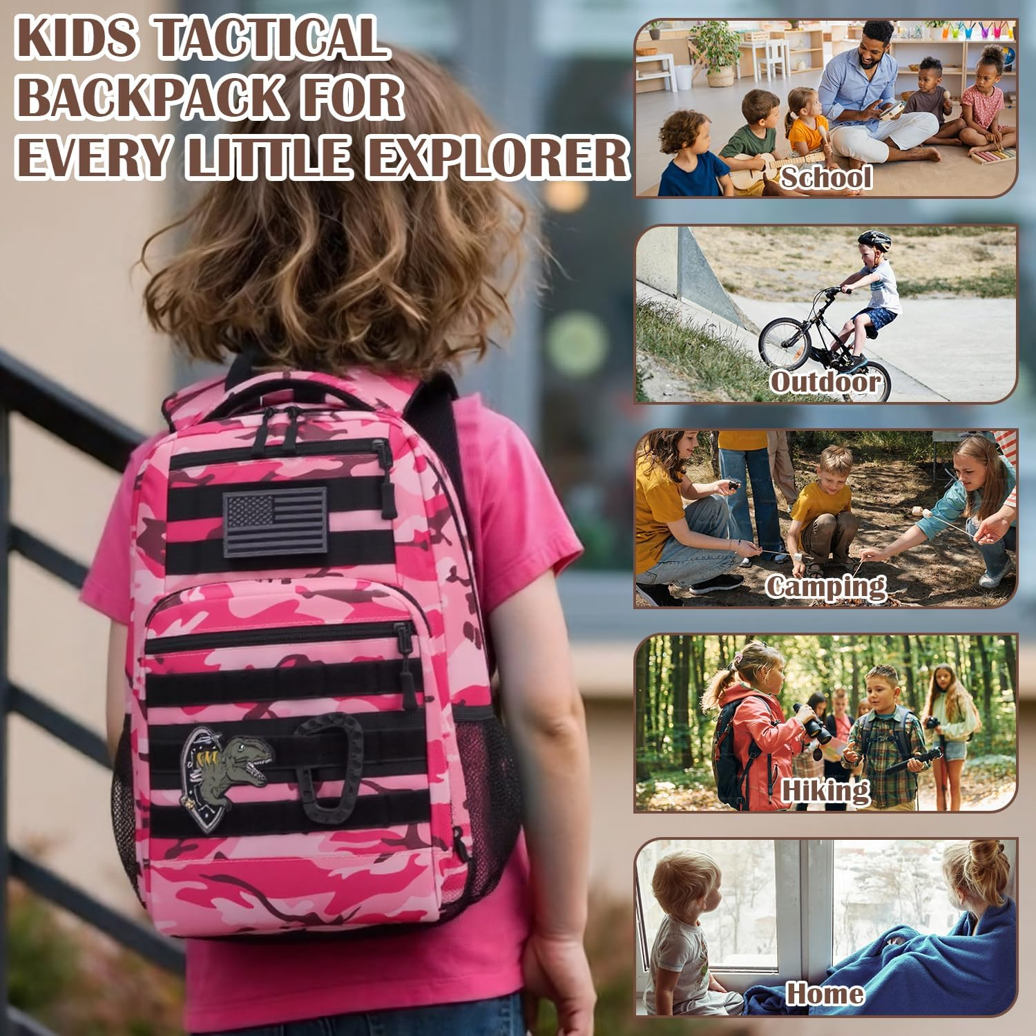 Kids Tactical Backpack Army Molle Bookbag Military Boys Backpack for School, Outdoor, Camping - Black Camo image number 6