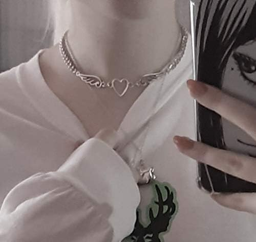 Angel Heart Wing Choker Gothic Indie Stuff Y2K Hollow Out Pendant Chain Necklace for Women Men, Metal image number 6