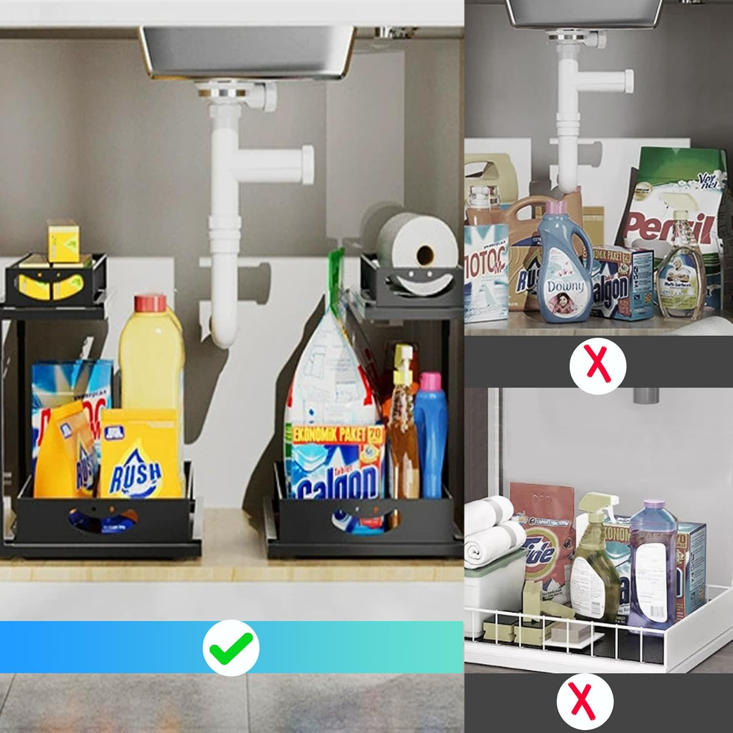 2 Tier under Sink Storage,Kitchen under Sink Organiser,Sliding Cabinet Drawer Storage,Home Kitchen Pantry Bathroom