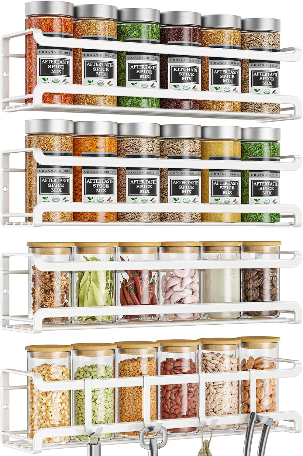 Bunoxea Spice Rack Wall Mounted 4 Pack, Space-Saving Spice Organizer for Spice Jars and Seasonings,Screw or Adhesive Hanging Spice Rack Organizer for Your Kitchen Cabinet,Or Pantry Door