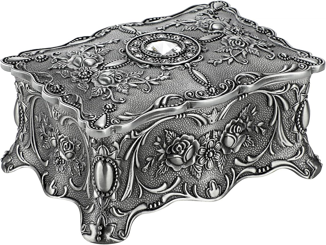 Hipiwe Vintage Jewelry Box, Metallic Grey Floral Rectangular Treasure Chest Box, 3.7" X 2.7" X 2", Keepsake Gift Box Case for Women Girls