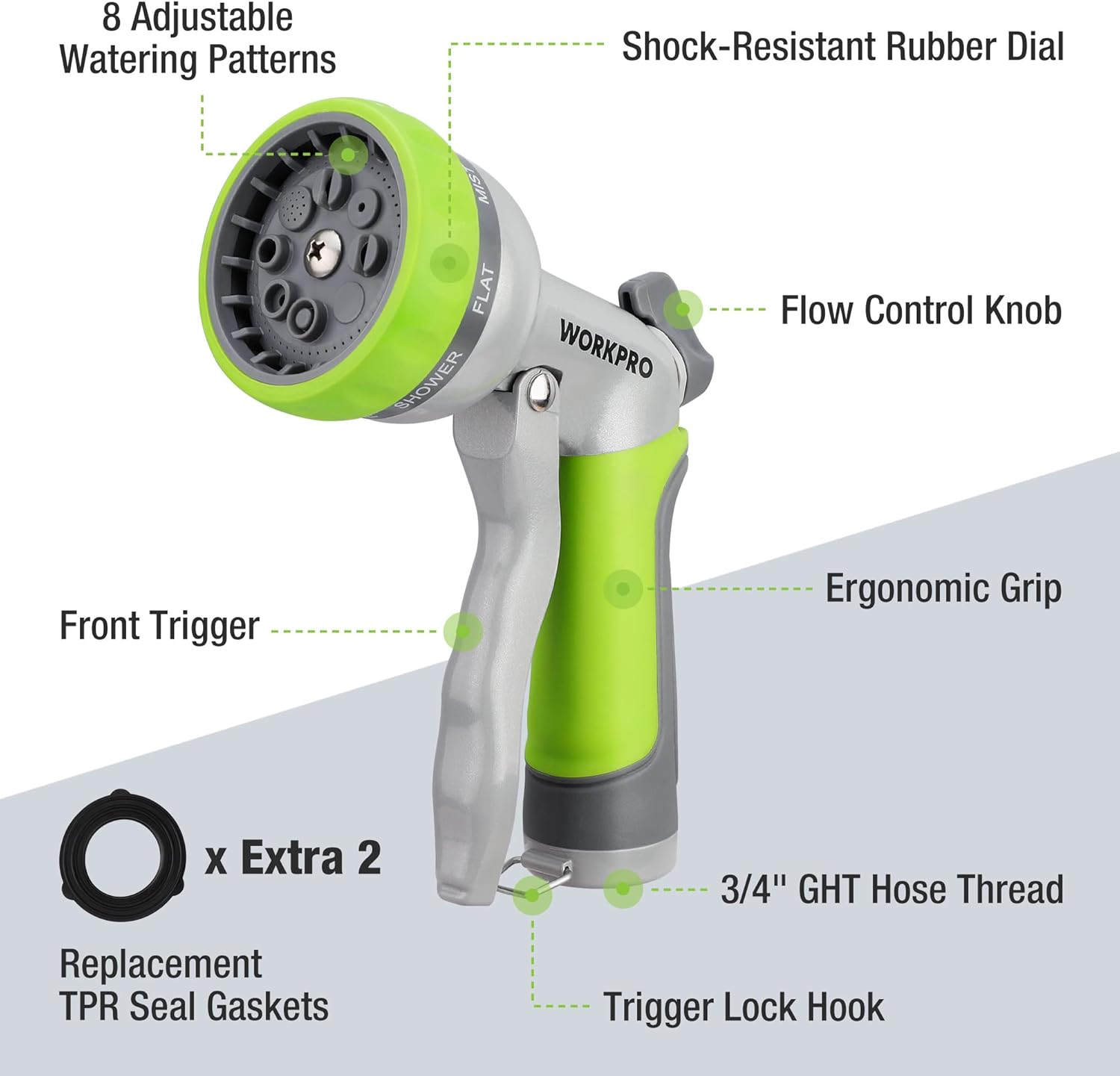 WORKPRO Garden Hose Nozzle, High Pressure Water Hose Sprayer with 8 Adjustable Watering Patterns & Thumb Control Design, Garden Metal Nozzle Heavy Duty in Garden for Cleaning, Watering, Washing image number 2