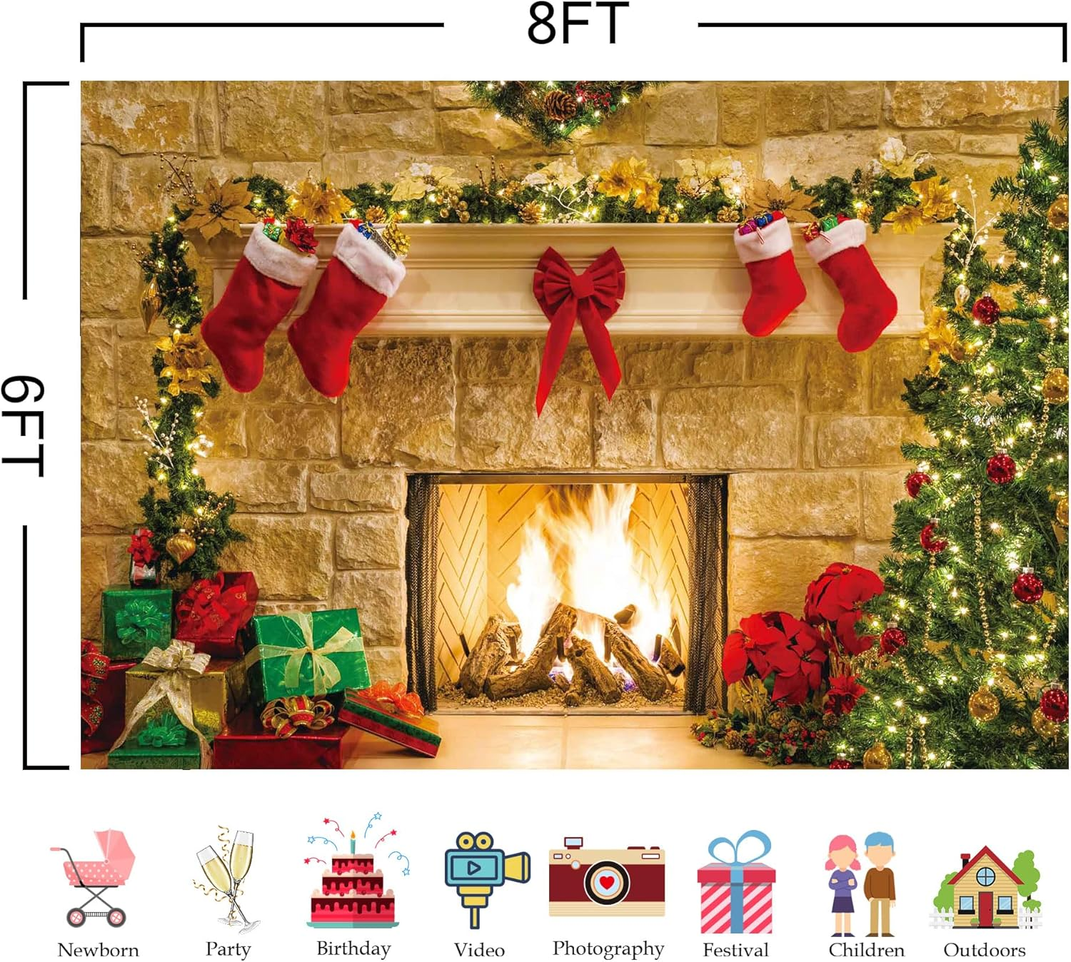 8X6Ft Soft Wrinkle Free Fabric Christmas Fireplace Theme Backdrop for Photography Tree Sock Gift Decorations for Xmas Party Supplies Photo Background Pictures Banner Studio Decor Booth Props image number 6