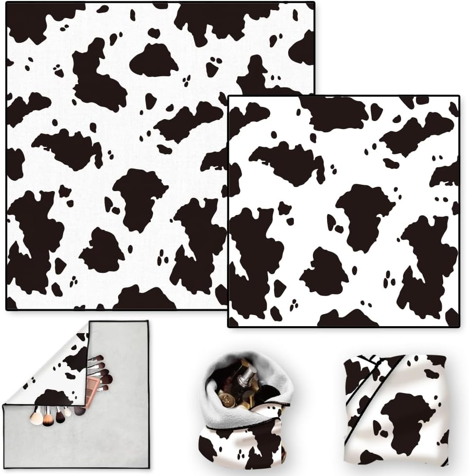 Doodlream 2 Sheets Self-Adhesive Magic Cloth Cow Print Travel Makeup Bag Organizer & Scratch-Resistant Camera Lens Protective Wrap, Reusable Portable Cosmetic Pouch (50X50Cm/35X35Cm), Black and White image number 1