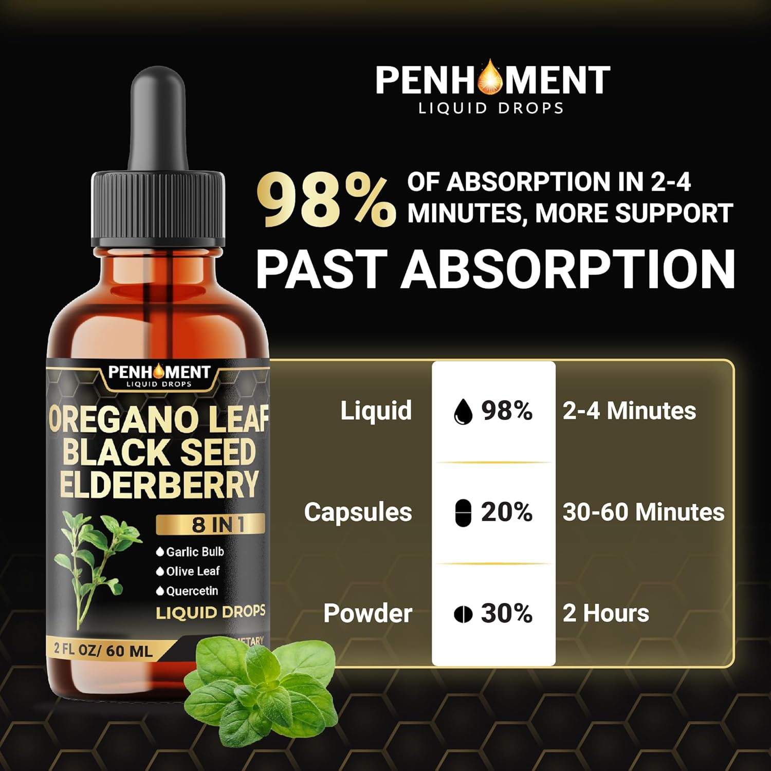 Penhoment 8In1 Oil of Oregano Drops with Black Seed Oil Liquid | Contains Carvacrol | Garlic, Elderberry, Olive Leaf, Quercetin, Bromelain - 2 Fl Oz image number 5