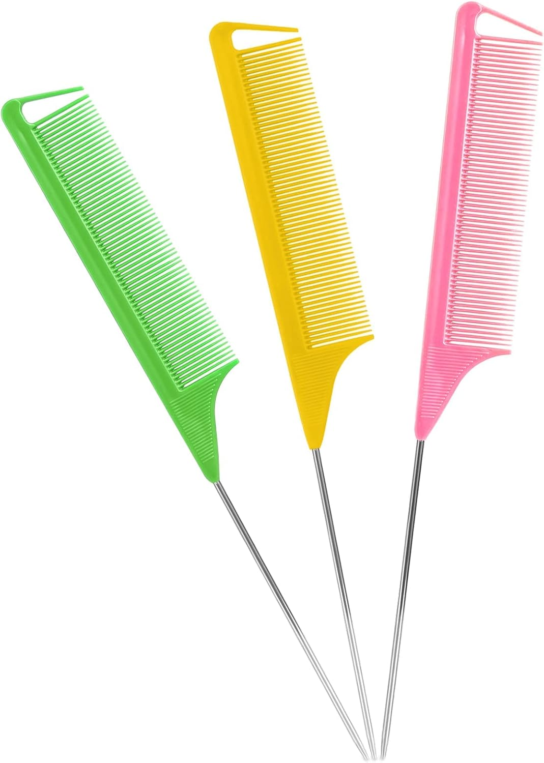 Rat Tail Combs Set: 3Pcs Steel Pin Teasing Combs for Hair Stylists, Parting Combs for Women (Green)