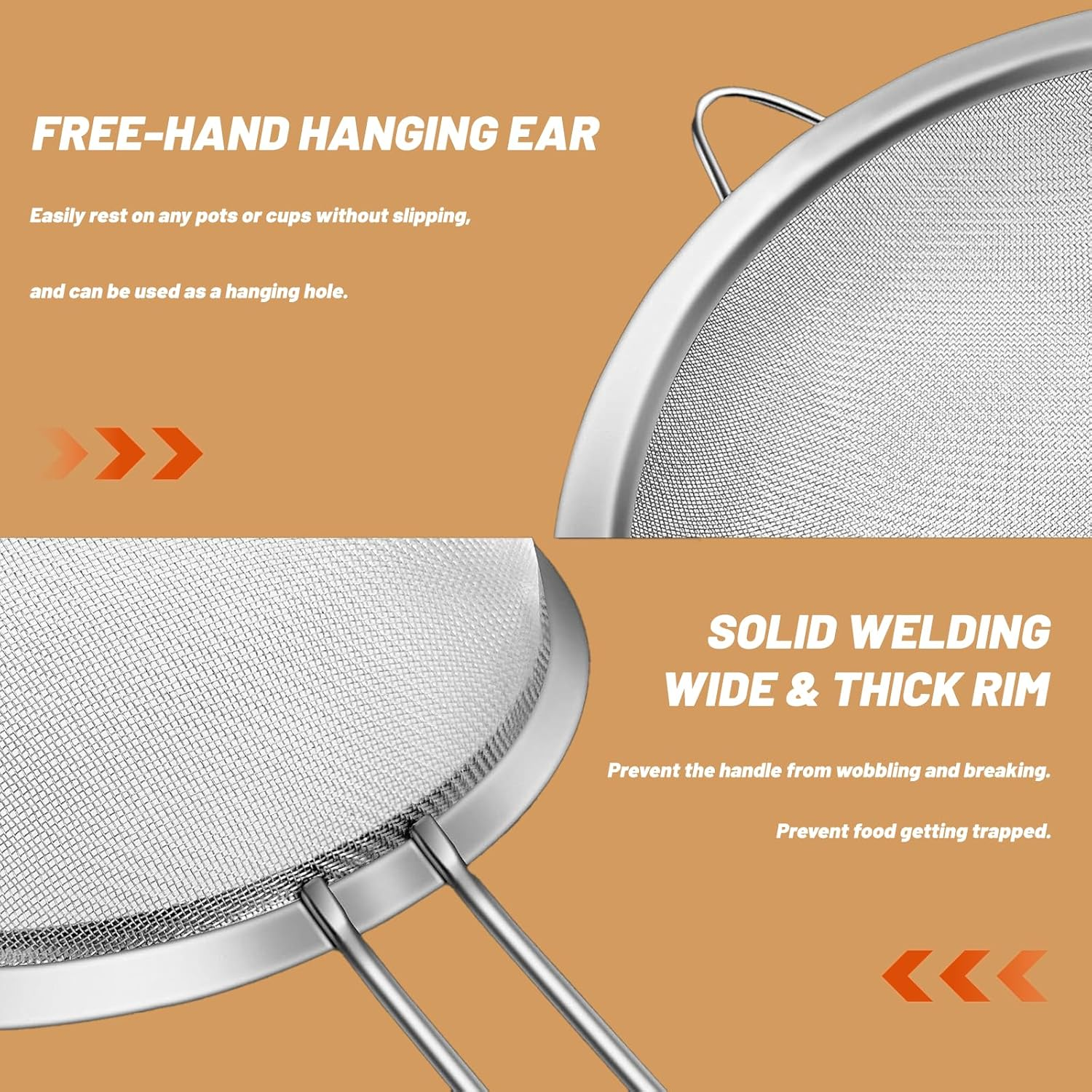 Billord Fine Mesh Strainer - Set of 4 Food Colanders, Premium Stainless Steel Sieve Strainers with Sturdy Handle, Mini Small Medium Large Size Sifters for Kitchen, Rice, Juice, Food,Pasta,Flour,Baking image number 5