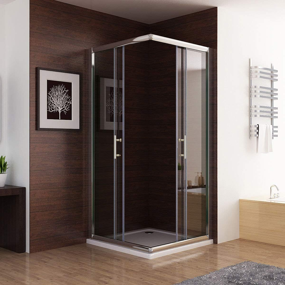 ELEGANT Corner Shower Enclosure with Acrylic Fiberglass Tray,Tempered Safety Clear Glass, Sliding Door,Shower Screen with Panel&Base 900X900Mm
