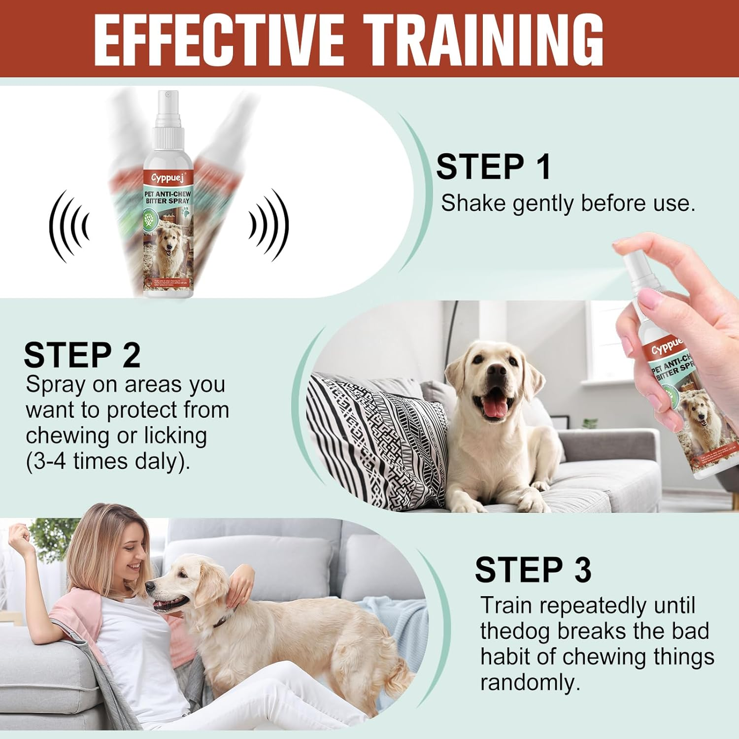 No Chew Spray for Dogs Cats,Bitter Apple Spray for Puppy to Protect Furniture Shoes Belongings, Natural Dog anti Bite Training Aid Stops Chewing and Licking(2X4.06Fl.Oz),Non-Toxic, Alcohol-Free