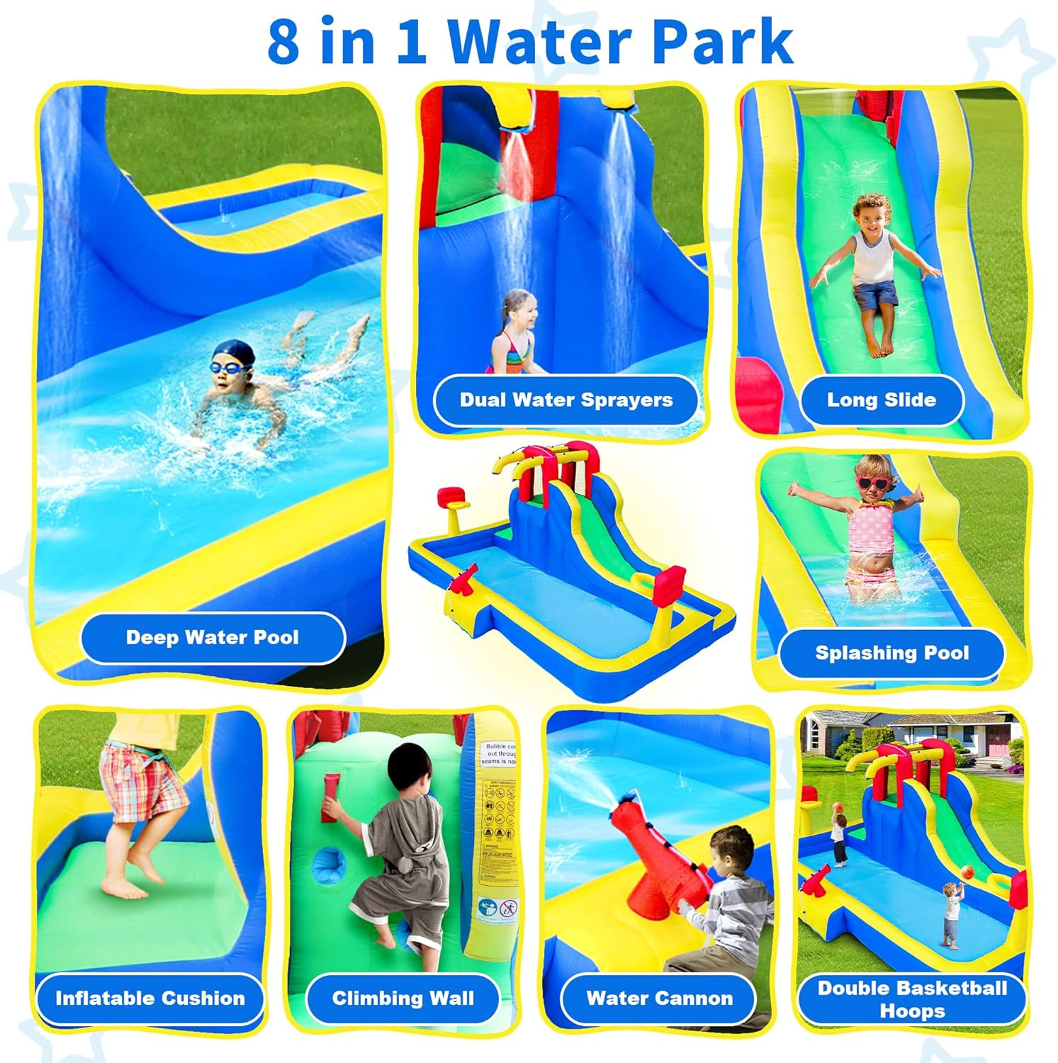 Inflatable Water Slide, 8 in 1 Water Park with Blower, 457 X 282 X 195 Cm Water Slides with Large Splashing Pool, Double Basketball Hoops, Water Cannon image number 5