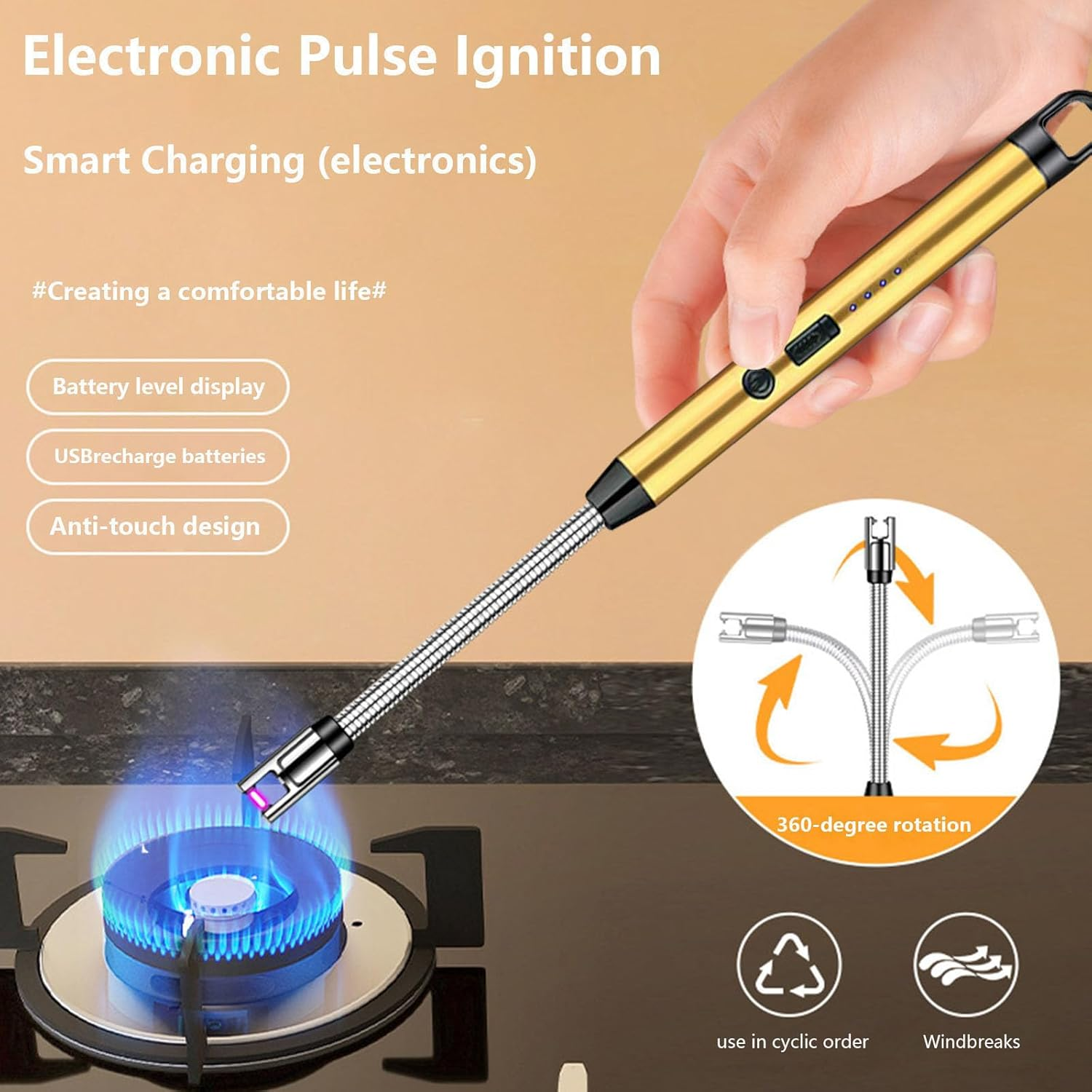 Electric Plasma Candle Lighter Arc Windproof USB Lighter with 360&deg; Flexible Neck, Rechargeable Lighter with Safety Lock for Candle BBQ Camping Stove (Gold) image number 1