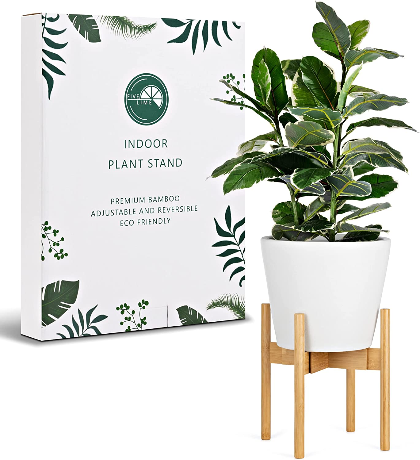 Five Lime, Bamboo Plant Stand, Adjustable Height and Width, Fits 20-30Cm Pots, Mid Century Modern Indoor Planter Stand for Any Home D&eacute;cor, Suitable for Indoors, Homes, Apartments, Offices (Black Stand) (Natural)