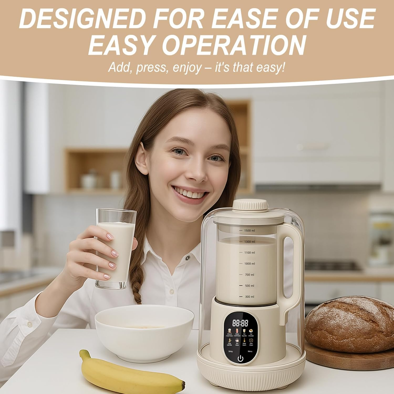 1500Ml Nut Milk Maker Machine 6-In-1 Automatic Soy Milk Maker for Almond, Oat, Soy & Plant-Based Milks, Non Dairy Beverages with Delay Start/Auto-Clea/Keep Warm/Boil Water image number 5