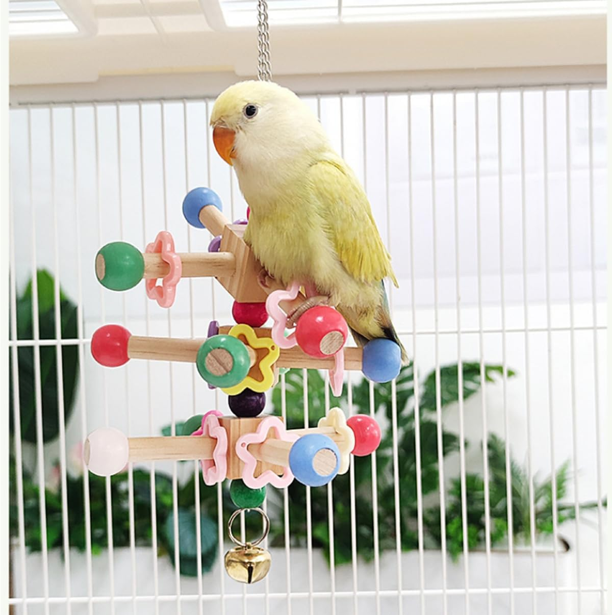 Bird Wooden Stand Perch Toys, Interactive Rotatable Parrot Chewing Toys with Bead Colorful Bell for Birds Parakeet Climb and Play image number 5