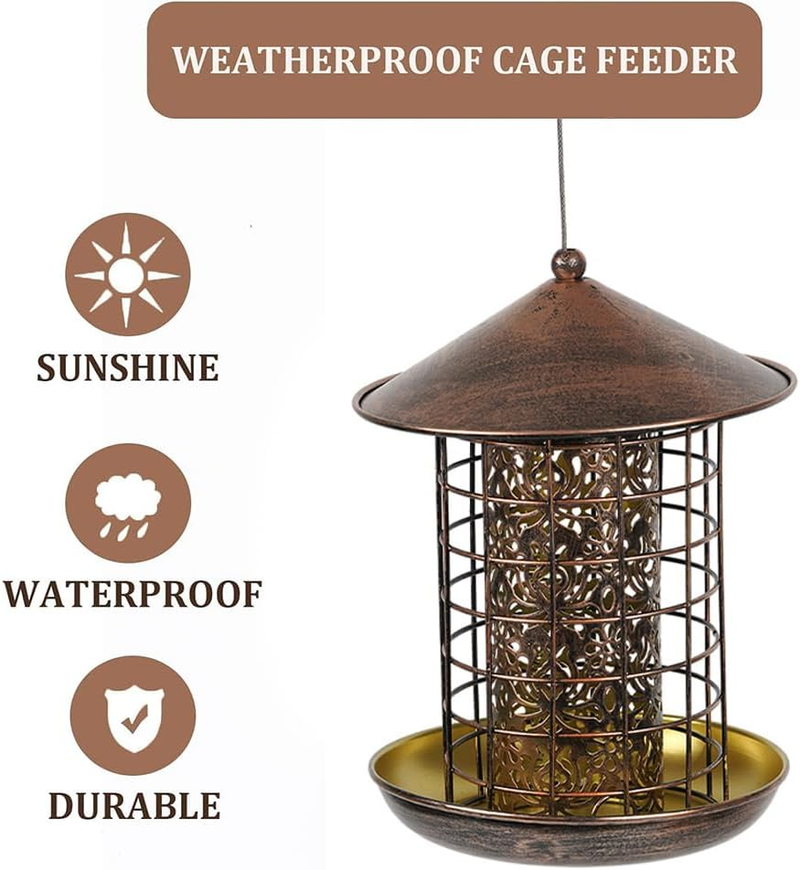 Outdoor Wild Bird Feeder, Cage Bird Feeder, Heavy Metal, Squirrel Proof, Garden and Courtyard Decoration, Woodgrain Finish Heavy Duty Mesh Metal Bird Feeder, Vintage Style with Unique Decorations image number 3