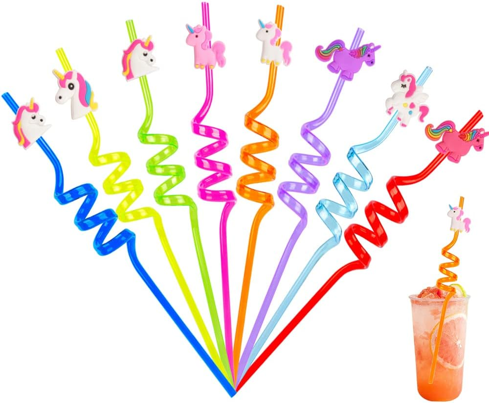Pack of 12 Unicorn Drinking Plastic Straws + 4 Temporary Tattoos + 1 Cleaning Brush, Reusable Drinking Straws for Birthday Party Accessories image number 4