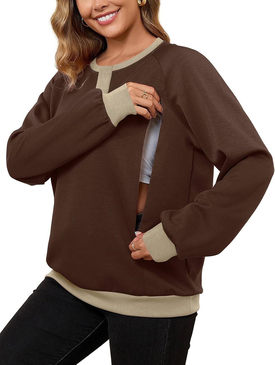 Bhome Nursing Sweatshirt Maternity Breastfeeding Shirts Hidden Zipper Long Sleeve Nursing Tops Loose Fit with Pockets