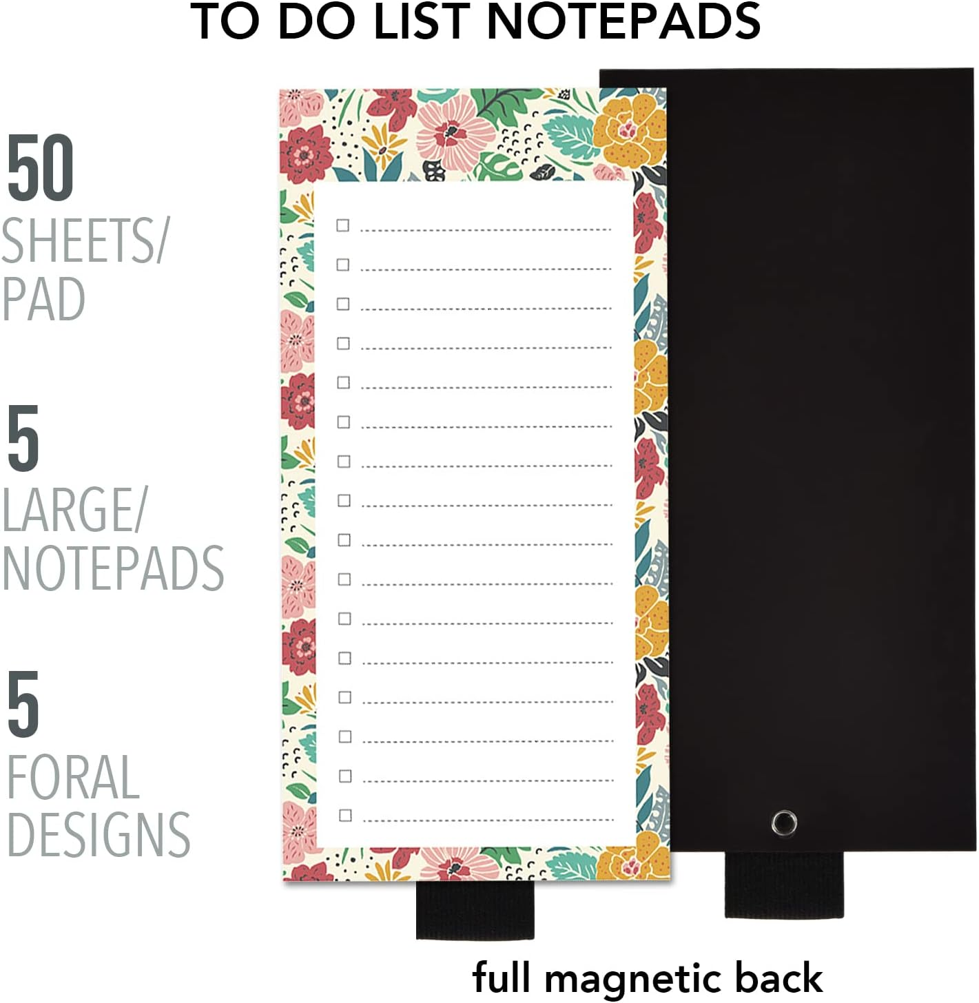 5 Pack Full Magnetic Notepads for Fridge with Pen Holder, Tulips Tropical Flower Bloom Plants, 6" X 3", 50 Sheets, Magnet Memo Pad for Fridge, Locker, File Cabinet, to Do List, Grocery Shopping