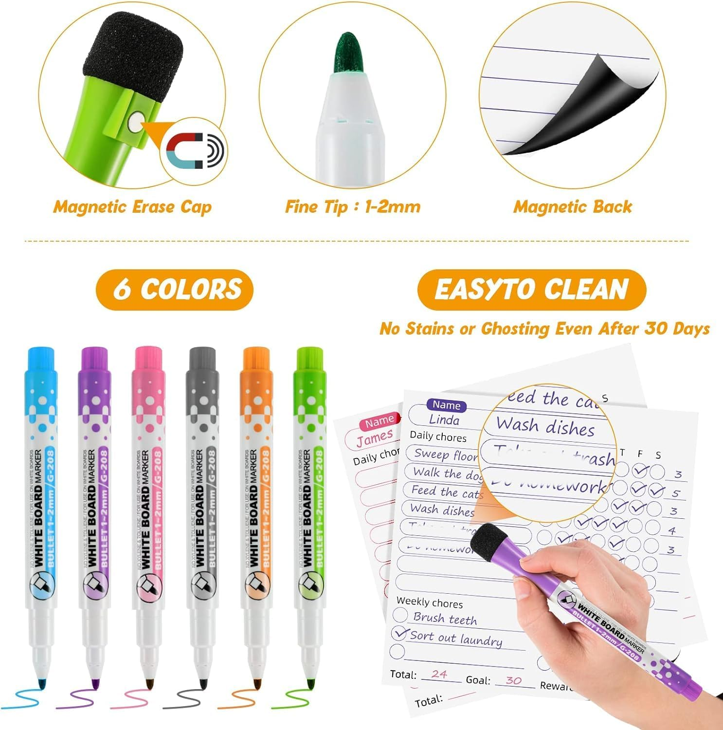 Magnetic Chore Chart for Kids, 4 Pcs Dry Erase Behavior Charts and 6 Colored Markers with Eraser Caps with 1 Eraser, Reward Chart for Multiple Kids Teens Adults Family, Chores Chart for Kids (White) image number 4