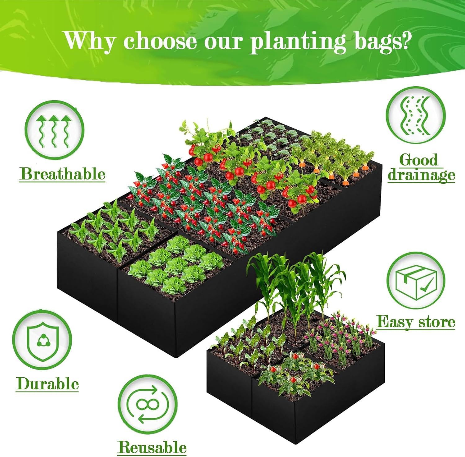Grow Bags,2 Pack Fabric Raised Garden Bed,Large 8 Grids and 4 Grids Plant Grow Bags,Rectangle Breathable Planting Pots for Fruits,Vegetables,And Flowers