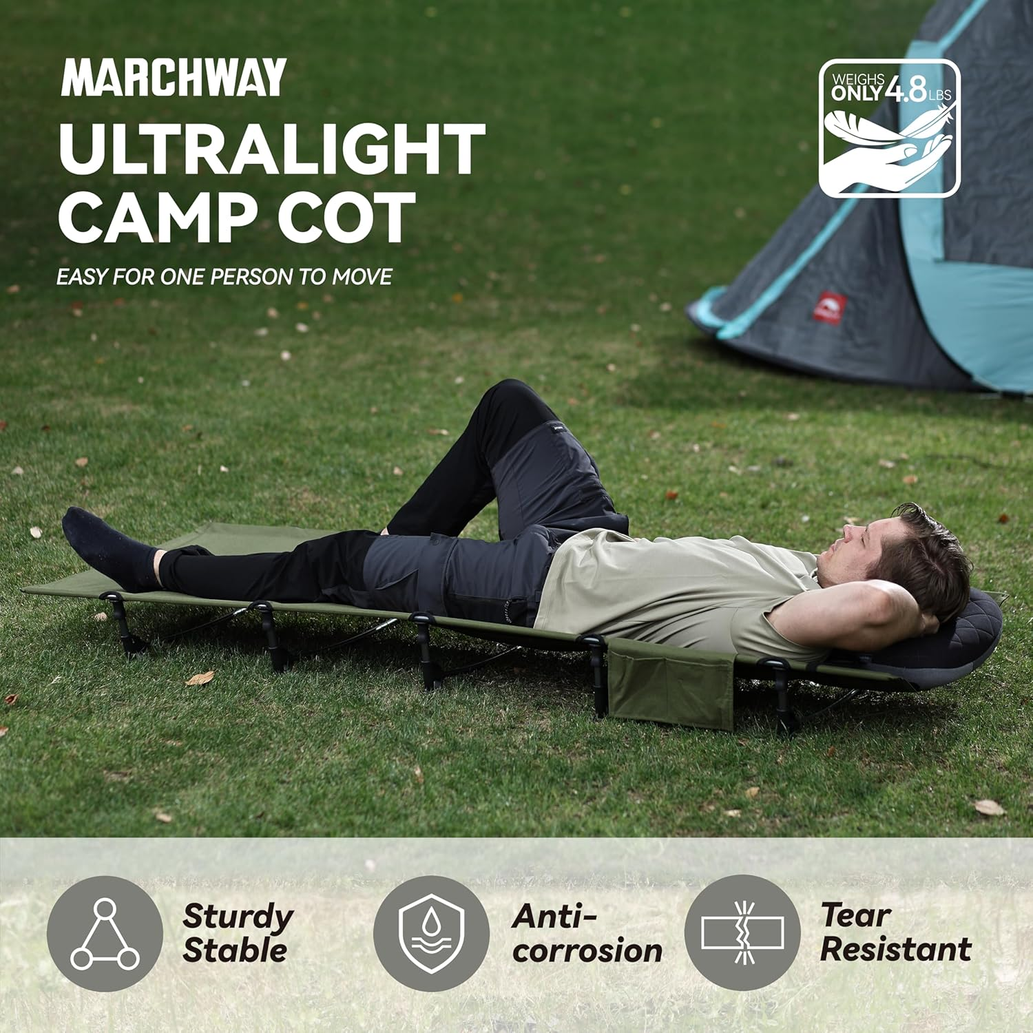 MARCHWAY Ultralight Folding Tent Camping Cot Bed, Portable Compact for Outdoor Travel, Base Camp, Hiking, Mountaineering, Lightweight Backpacking (Army Green) image number 6