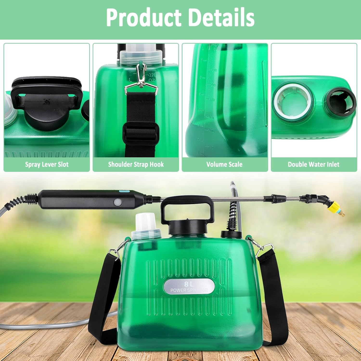 Battery Powered Sprayer, 8L Electric Garden Sprayer with Telescopic Wand & 3 Nozzles, Weed Backpack Sprayers for Lawn, Yard & Outdoor Use - Green image number 3