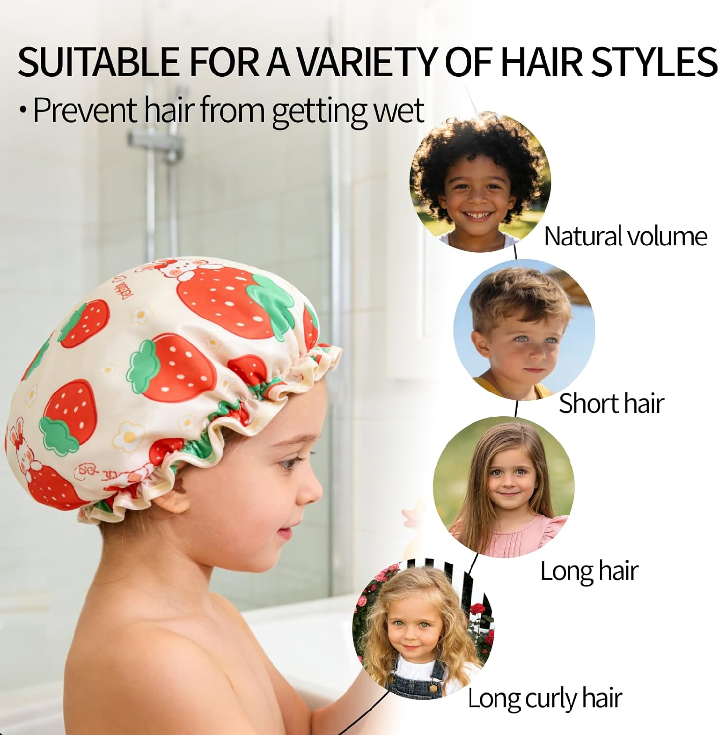 3-Pack Kids Shower Cap, Double-Layer Waterproof Shower Cap - Rabbit & Strawberry & Bear Cartoon Patterns, Adjustable Elastic Band, Soft Kids Sleeping Cap Reusable Bathing Cap for Kid image number 5