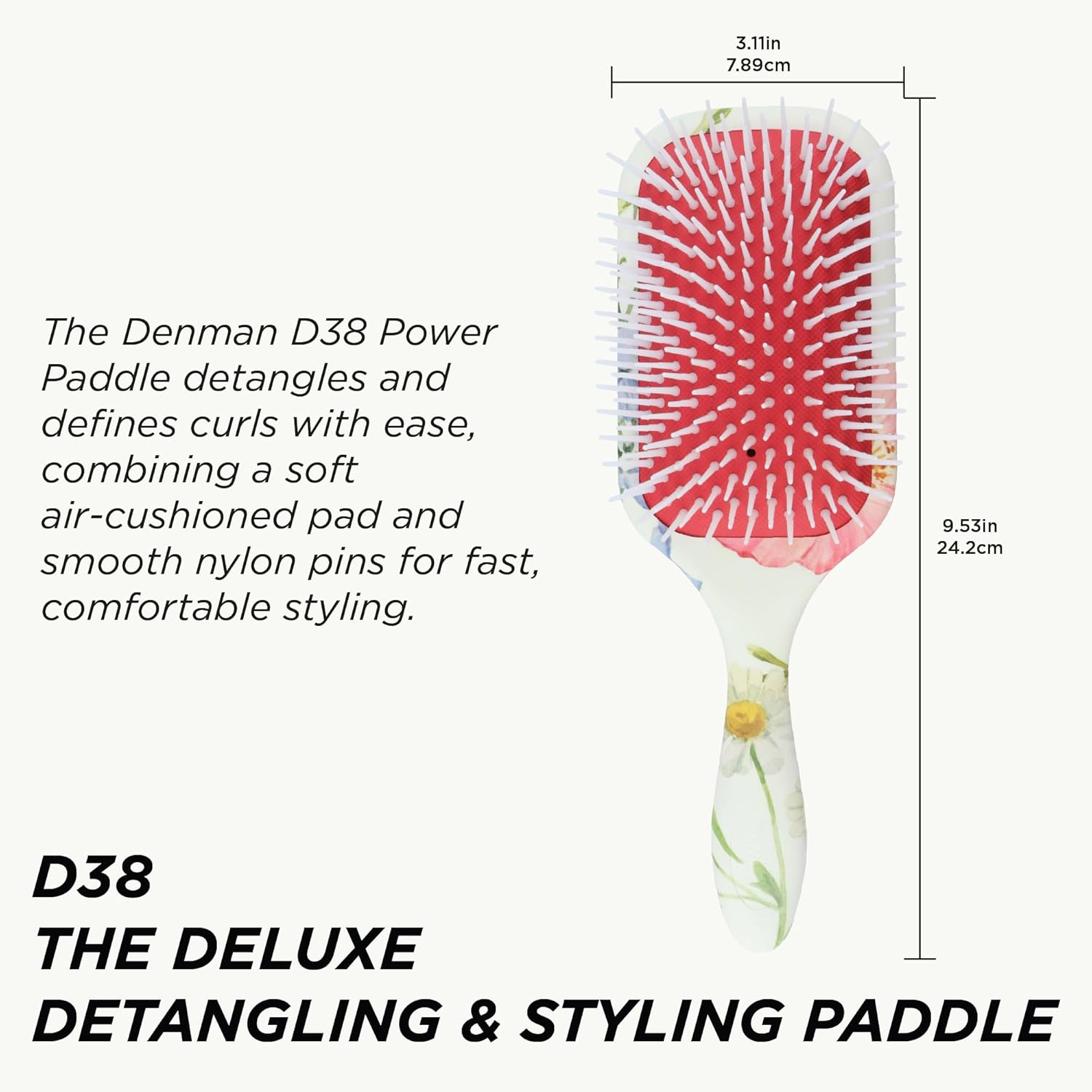 Denman Detangling & Styling Paddle Brush - Wet or Dry Hair Detangler & Styler for All Hair Types Including Curly, Coily, Straight & Long, Thick Hair - for Women & Men, D38 Floral Fantasy image number 2