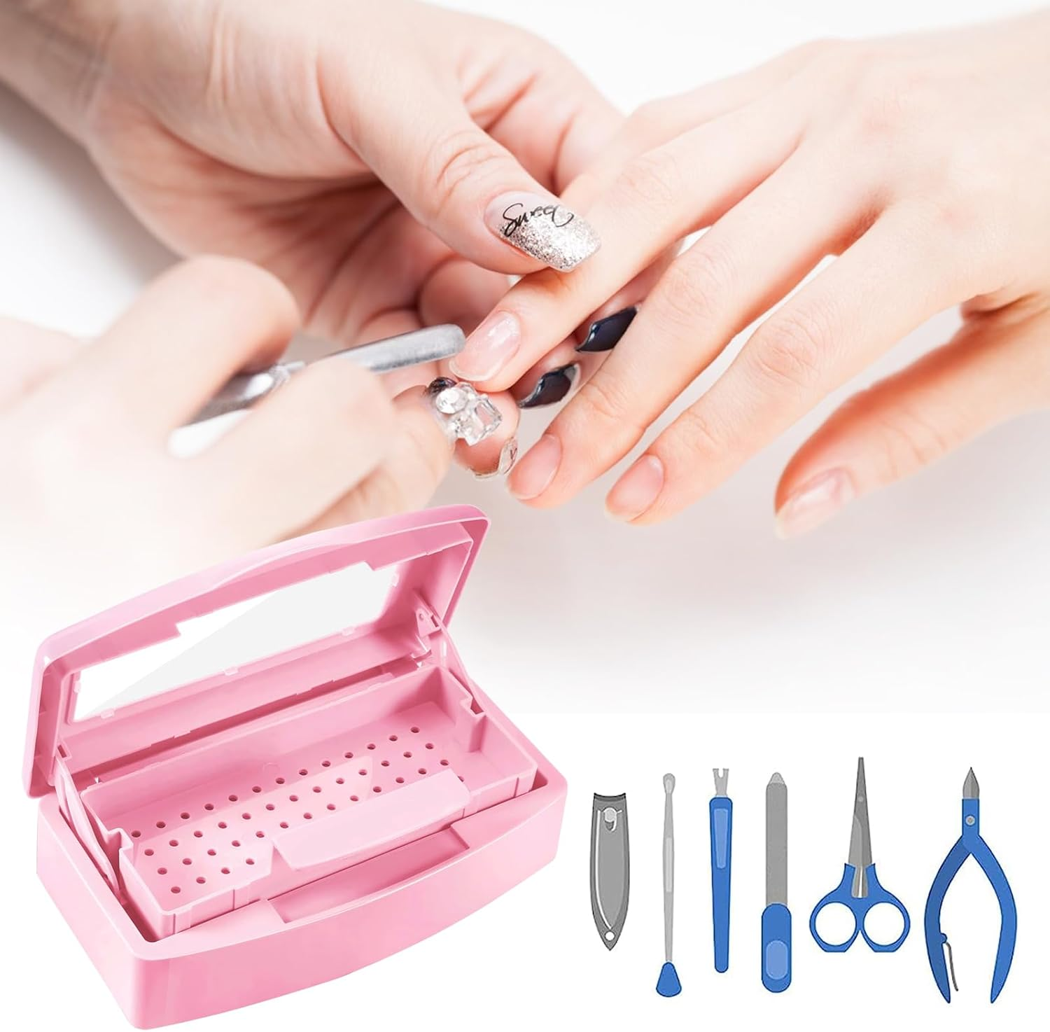 Sterilizer for Nail Tools, Sterilization Tray for Tweezers, Nail Supplies, Hair Salon, Nail Tech Must Haves, Pink - Black image number 4