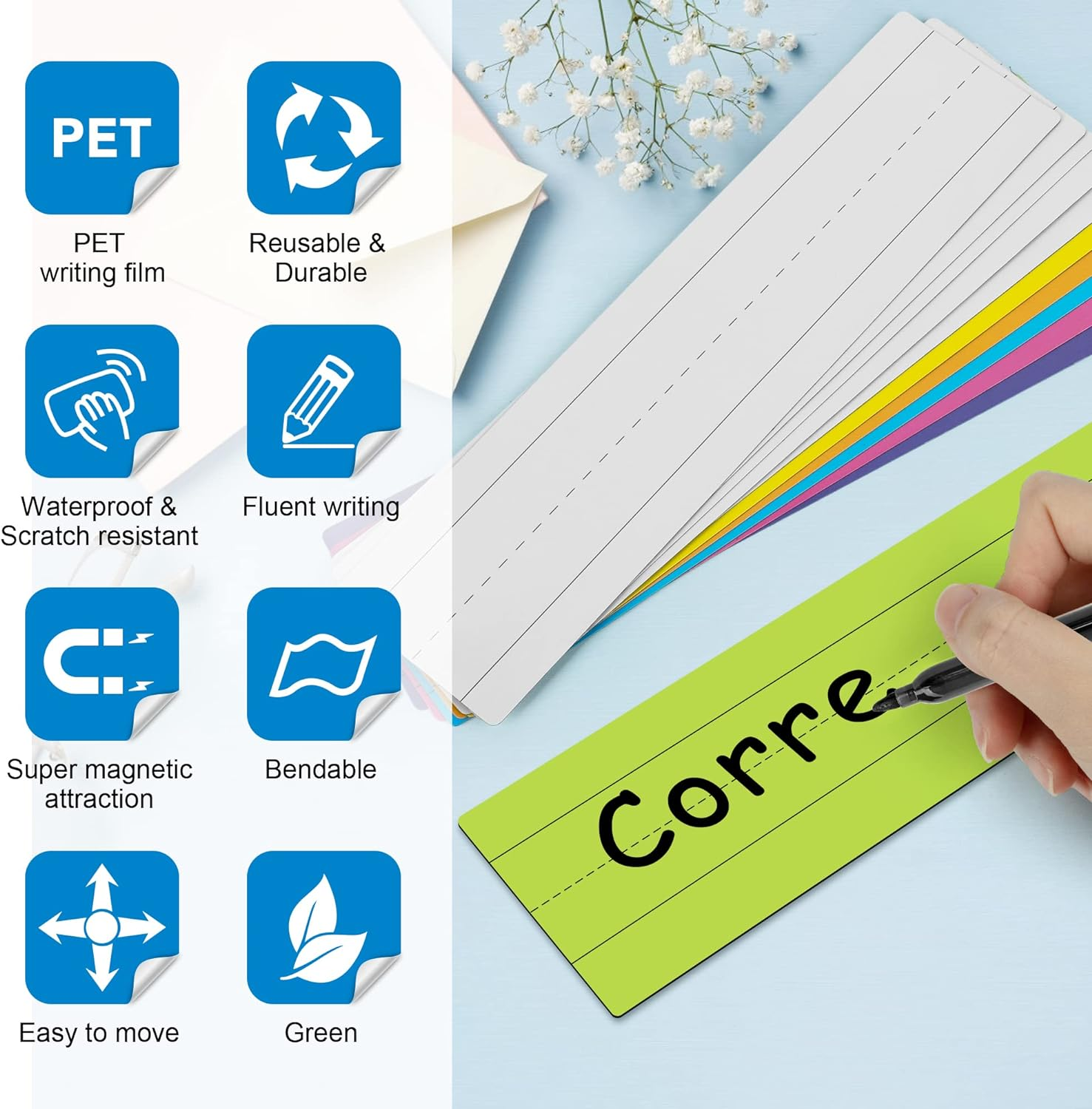 D-Fantix 12 Pack Magnetic Sentence Strips for Teachers, 12 X 3 Inch Magnetic Dry Erase Sentence Strips for Whiteboard, Reusable Teacher Supplies Learning Tools for Classroom Office(6 Colored, 6 White) image number 2