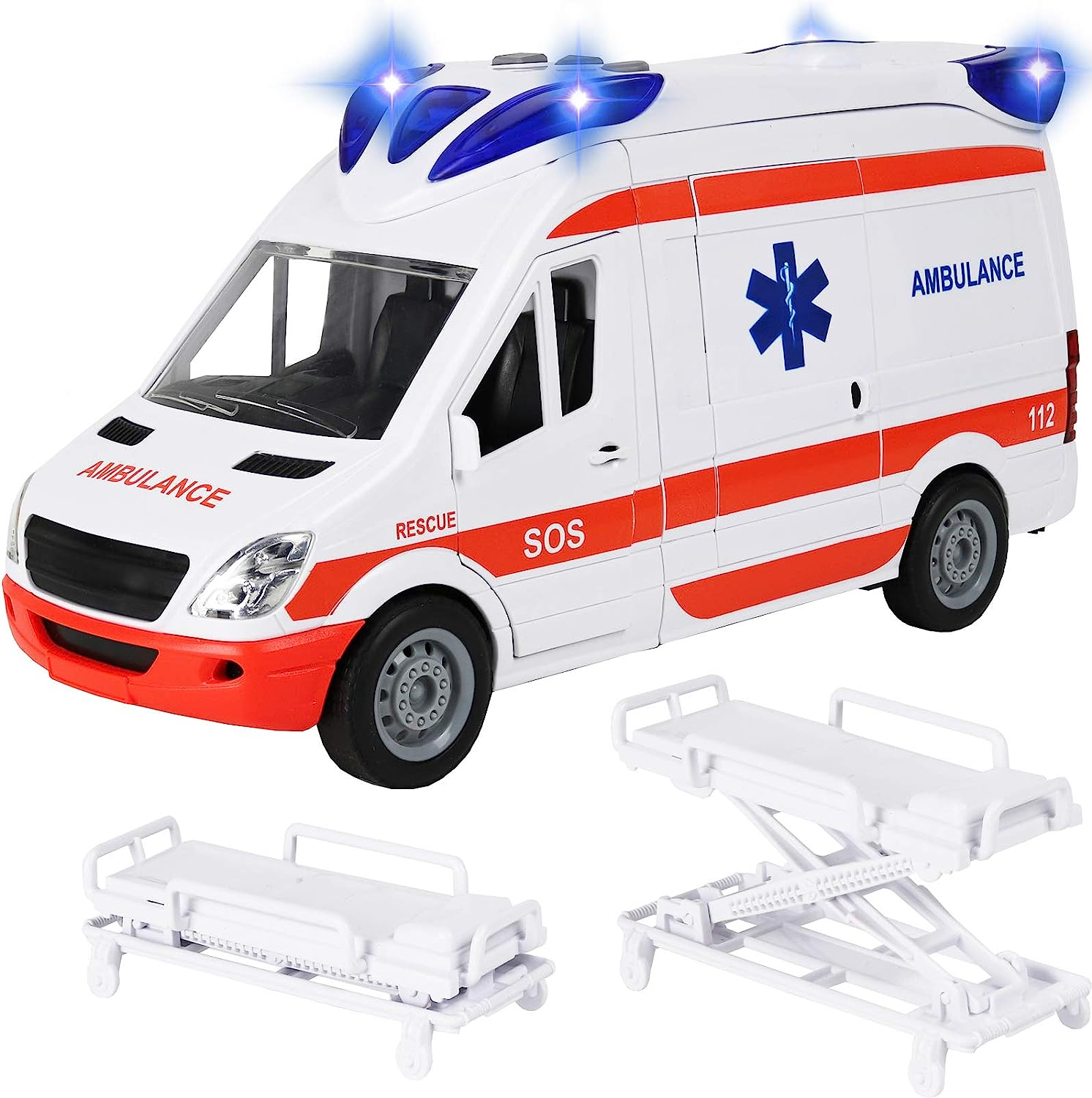 Kiddie Play Ambulance Toy Friction Powered Emergency & Rescue Vehicle Set with Lights and Siren, Doors That Open and a Stretcher image number 1