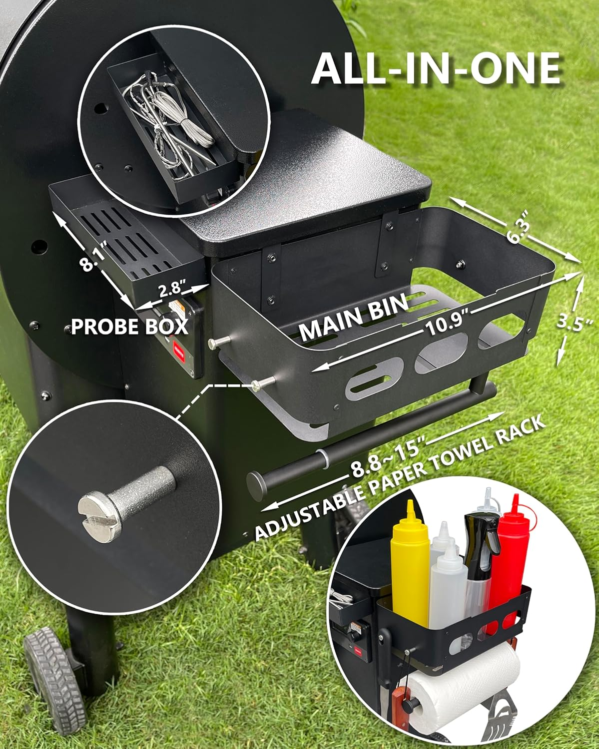 Storage Bin for Traeger Pellet Grill Caddy with Paper Towel Holder, Temperature Probe Box, and Hanging Hooks &ndash; Smoker Accessories for Traeger Pro Series 22/34, Ironwood 885/650, Pro 780/575, Pit Boss image number 1