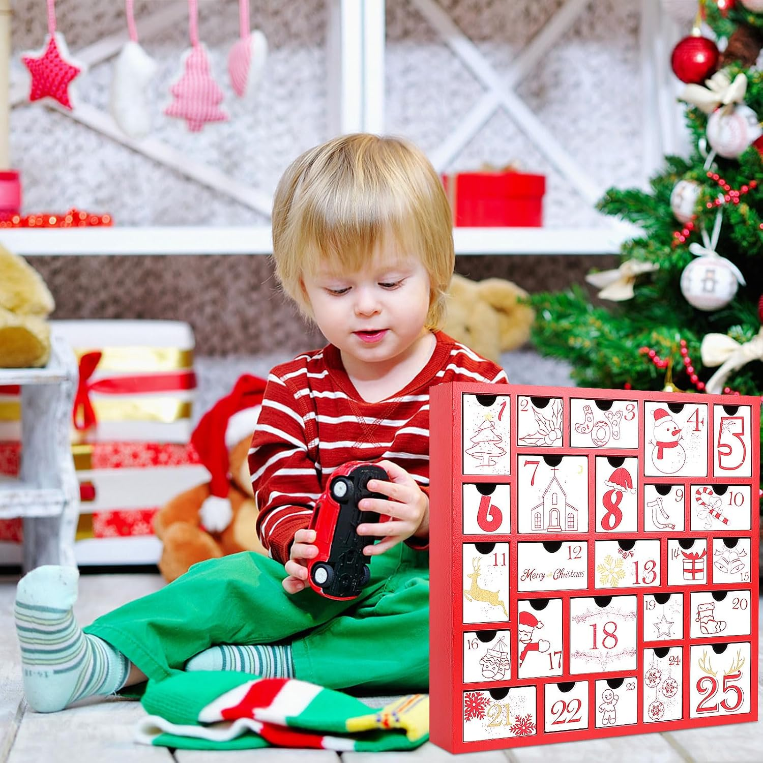 CCINEE Christmas Wooden Advent Calendar with 25 Large Drawers, Countdown to Christmas Decoration Large Size Xmas Countdown Calendar 2024 Hand Painted Refillable Advent for Holiday Decoration(Red) image number 4