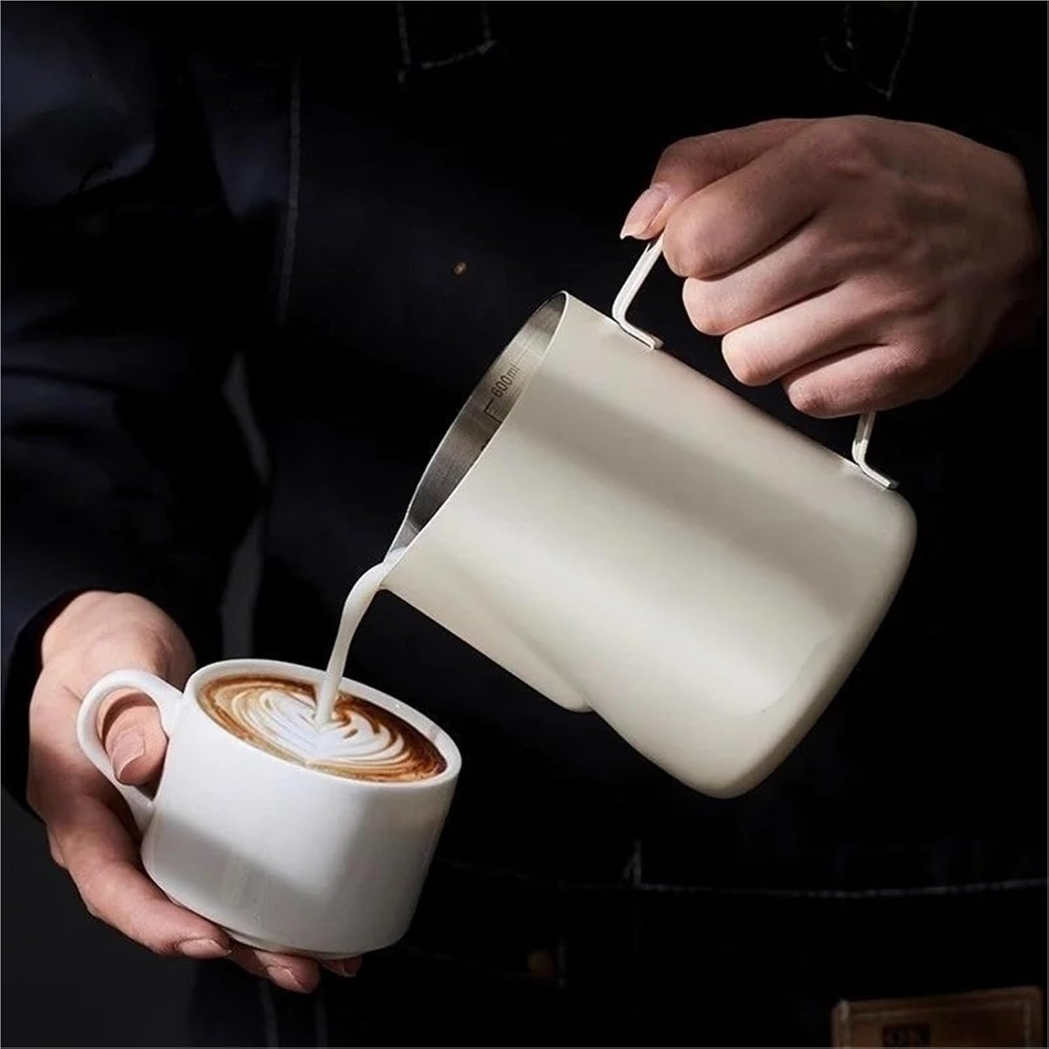 600ML White Frother for Milk Jug Home and Kitchen Milk Pitcher Portable Stainless Steel Coffee Cups Coffee and Tea Tools(White 350ML) image number 3