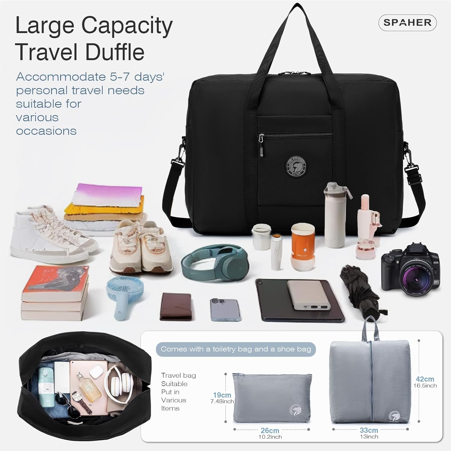 SPAHER 45L Travel Duffle Bag Cabin Bag Lufthansa 55X40X20 Carry on Hand Luggage Lightweight Foldable Cabin Luggage Overnight Weekender Holdall Tole Bag Waterproof Travel Handbag Black