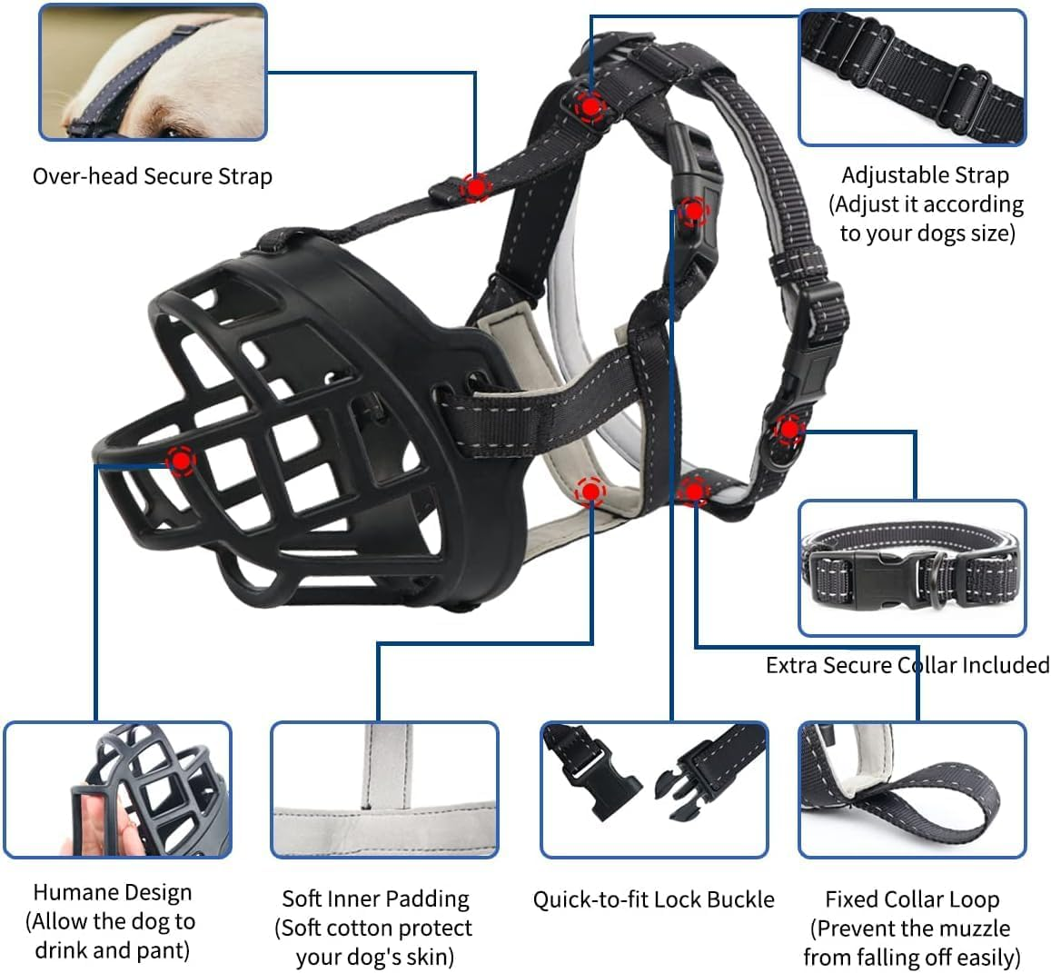 Dog Muzzle, Soft Silicone Basket Muzzle for Dogs, Allows Drinking, Prevents Unwanted Barking Biting and Chewing, Included Collar (Black, 3#) image number 2