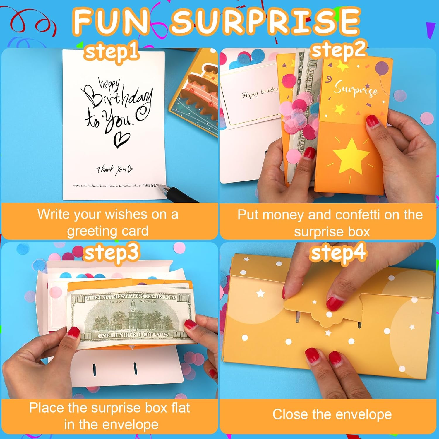 BABORUI Pop up Birthday Card with Confetti, Happy Birthday Surprise Gift Box Explosion for Money, Cash Birthday Surprise Box for Women/Men/Girls/Boys - Birthday (Yellow) image number 4
